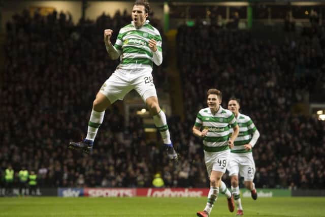 Celtic's Erik Sviatchenko celebrates his opening goal. Picture: SNS
