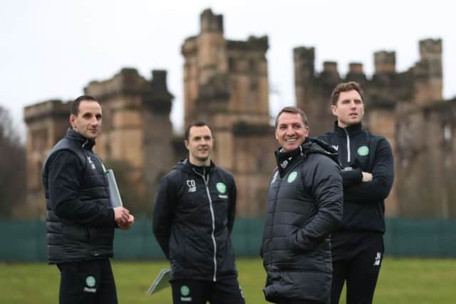 Celtic manager Brendan Rodgers, third left, with his coachinig staff during a training session at Lennoxtown. Picture: Ian MacNicol/Getty Images
