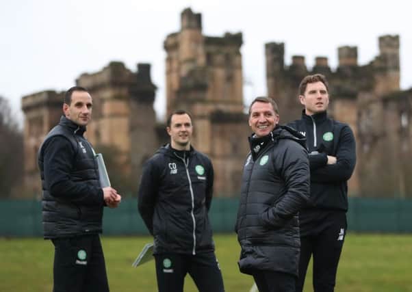 Celtic manager Brendan Rodgers, third left, with his coachinig staff during a training session at Lennoxtown. Picture: Ian MacNicol/Getty Images