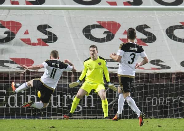 Aberdeen's Jonny Hayes volleys his side in front at Tynecastle. Picture: SNS
