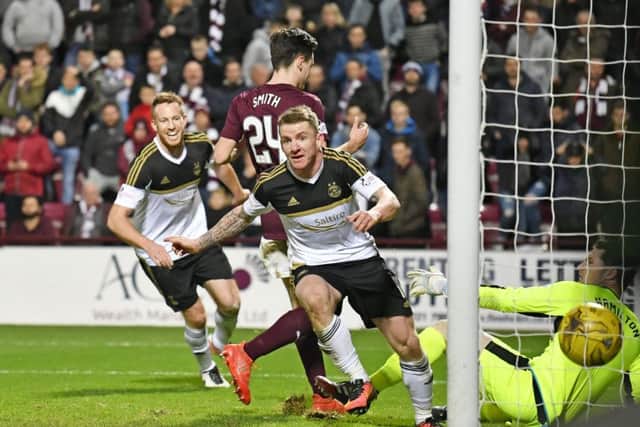 Jonny Hayes wheels away after volleying Aberdeen in front against Hearts at Tynecastle. Picture: Rob Casey/SNS