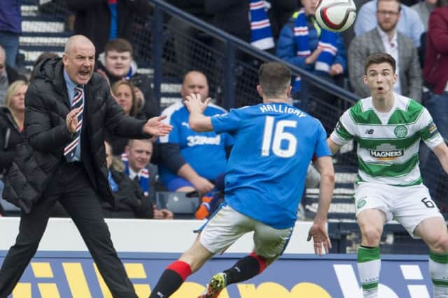 Rangers manager Mark Warburton shouts instruction from the touchline as Andy Halliday and Kieran Tierney challenge for the ball during the William Hill Scottish Cup- Semi-Final. Picture: Ian Rutherford.