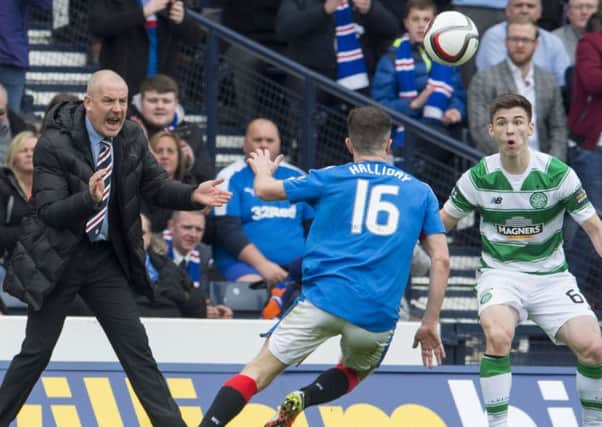 Rangers manager Mark Warburton shouts instruction from the touchline as Andy Halliday and Kieran Tierney challenge for the ball during the William Hill Scottish Cup- Semi-Final. Picture: Ian Rutherford.