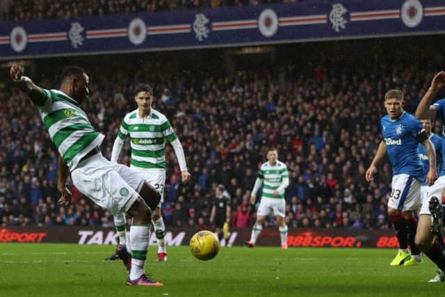 Moussa Dembele equalises for Celtic v Rangers. Picture; Getty