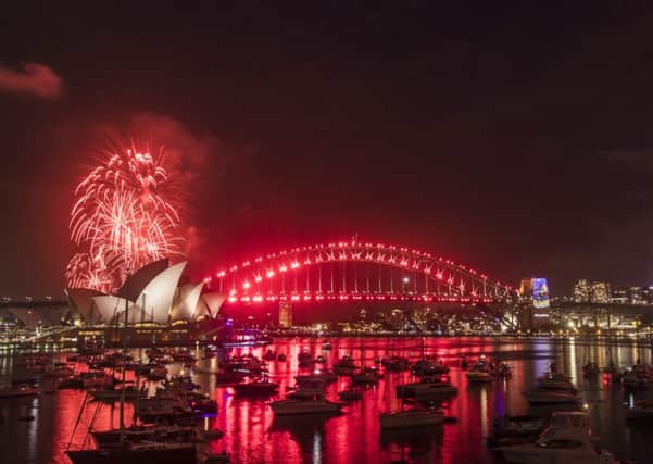Fireworks explode over the Sydney Harbour Bridge and the Sydney Opera House. Picture; Getty
