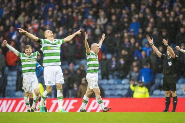 Referee Steven McLean's full-time whistle is the cue for Celtic celebrations. Picture Craig Watson/PA Wire