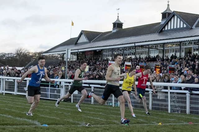 Greg Kelly from East Kilbride wins the New Year Sprint final at Musselburgh Racecourse.Picture: Alan Rennie