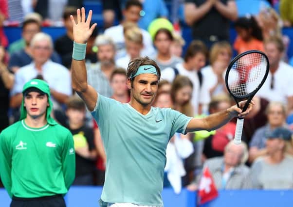 Roger Federer celebrates his win over Dan Evans in the Hopman Cup in Perth. Picture: Paul Kane/Getty Images
