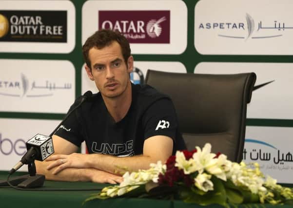 Andy Murray attends a press conference during the ATP Qatar Open tennis competition in Doha after getting a knighthood in the New Year Honours list. Picture: Getty Images