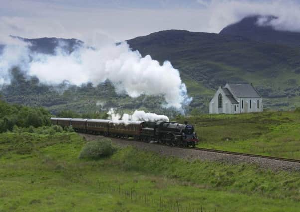 The Jacobite steam train  passing Polnish church near Lochailort on its first trip of the season on the Fort William to  Mallaig on the West Highland railway line. 
Pic Stephen Mansfield/TSPL