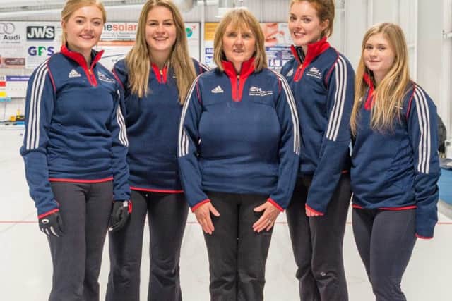 The Scottish curling team  left to right, Sophie Sinclair, Mili Smith, Cate Brewster (coach), Naomi Brown and  Sophie Jackson
