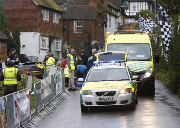 The pram racer is treated at the scene at Sutton Valence, Kent after an accident. Picture: SWNS