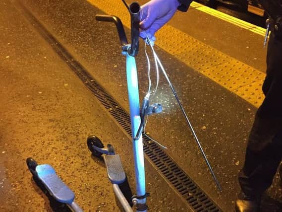 The scooter which was thrown at a train in North Lanarkshire last night. Picture: ScotRail