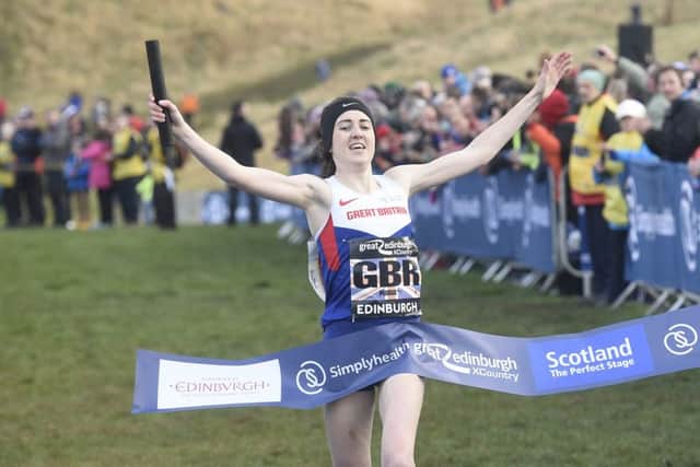 Scot Laura Muir is cheered across the line as she wins the relay in Holyrood Park yesterday. Picture: Greg Macvean