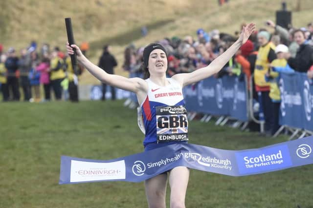 Scot Laura Muir  is cheered across the line as she wins the relay in Holyrood Park yesterday. Picture: Greg Macvean