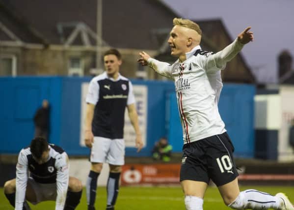 Falkirk's Craig Sibbald celebrates his second goal of the match in the impressive win over Raith Rovers. Picture: Craig Foy/SNS