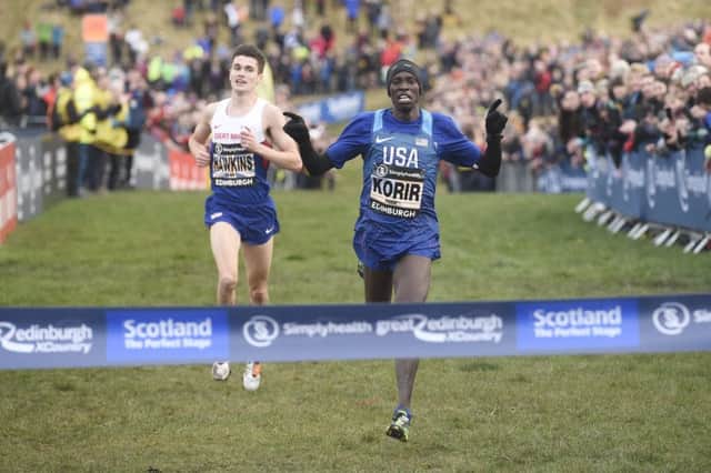 Leonard Korir crosses the line ahead of Callum Hawkins to win the men's 8km race at the Great Edinburgh International. Picture: Greg Macvean