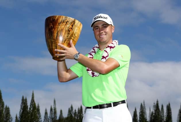Justin Thomas celebrates his victory in Hawaii. Picture: Getty Images