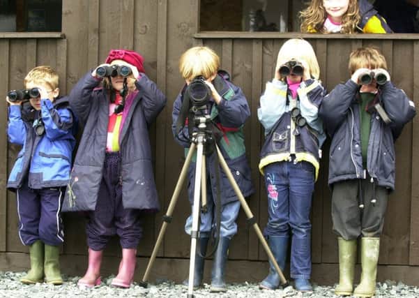 Primary School children from Ulva Ferry Primary School at the Sea Eagles viewing hide using binoculars and telescopes as the White-tailed Sea Eagles rear chicks in a nest on the Isle of Mull.  The project is a partnership run by the Mull & Iona Community Trust, Forest Enterprise, RSPB and Scottish Natural Heritage.  Picture ALLAN MILLIGAN 17th June 2002 (electronic image)