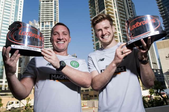 Celtic manager Brendan Rodgers and player Stuart Armstrong are presented with the Ladbrokes Premiership Manager and Player of the Month awards for December. Craig Williamson/SNS
