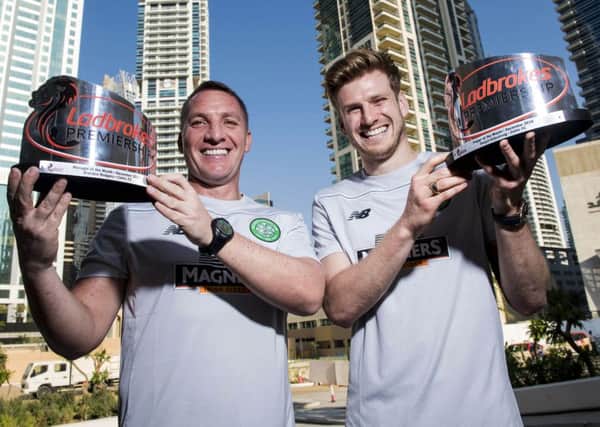 Celtic manager Brendan Rodgers and player Stuart Armstrong are presented with the Ladbrokes Premiership Manager and Player of the Month awards for December. Craig Williamson/SNS