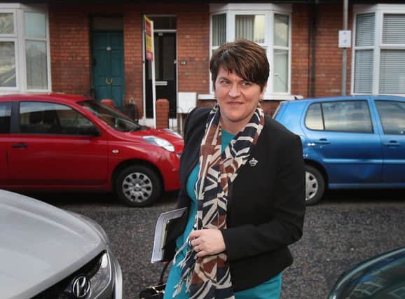 Democratic Unionist Party leader Arlene Foster arrives at the DUP headquarters in Belfast as the UK Government has appealed to Northern Ireland's political leaders to step back from the brink of the current political crisis. Picture: Niall Carson/PA Wire