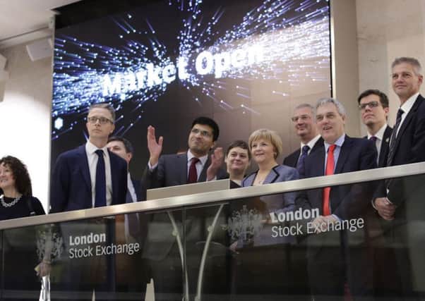 Aberdeen City Council leader Jenny Laing performing the market open ceremony at the London Stock Exchange. Picture: PA