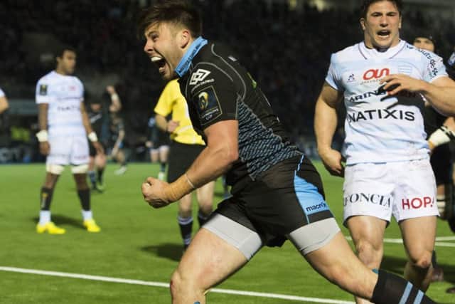 Ali Price, pictured celebrating his try against Racing 92 in the Champions Cup clash at Scotstoun last month, has been in fine form for Glasgow. Picture: SNS