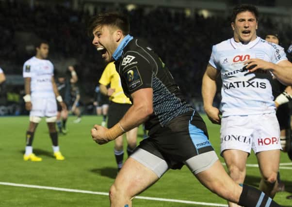 Ali Price, pictured celebrating his try against Racing 92 in the Champions Cup clash  at Scotstoun last month, has been in fine form for Glasgow. Picture: SNS