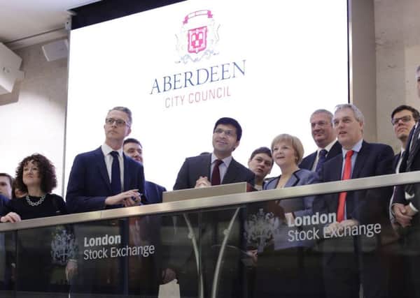 Aberdeen City Council leader Jenny Laing performing the market open ceremony at the London Stock Exchange. Picture: Contributed