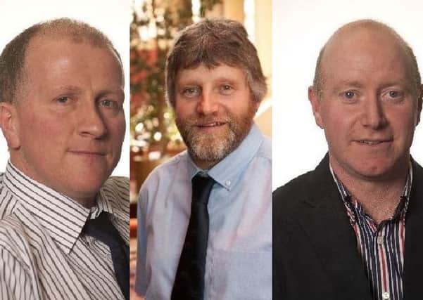 From left: Tom French, Martin Kennedy and Gary Mitchell are in the running to be NFU Scotland vice-president. Picture: Contributed