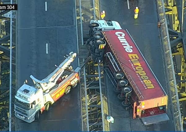The lorry overturned on the Forth Road Bridge. Picture; contributed