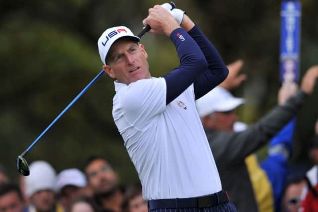 Jim Furyk tees off on the 11th hole during the afternoon foursomes on the first day of the 2014 Ryder Cup at Gleneagles. Picture: Glyn Kirk/AFP/Getty Images