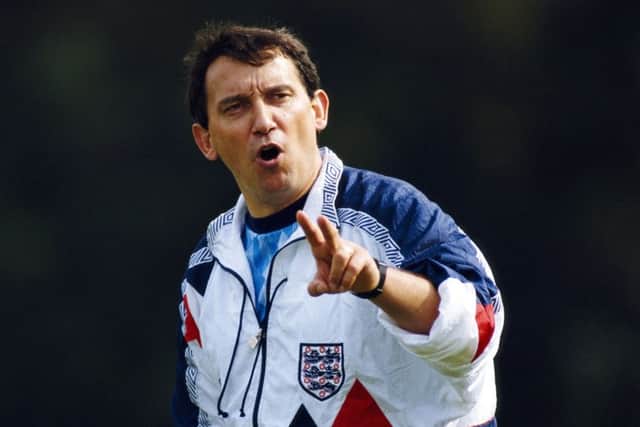 Graham Taylor makes a point during training ahead of his first match in charge of England in September 1990. Picture: Ben Radford/Allsport/Getty Images