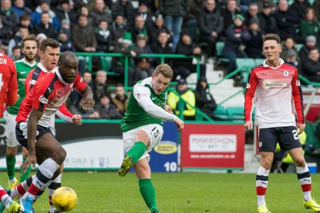 Kris Commons, centre, has started Hibs four previous games but his loan stint from Celtic expires after the trip to Dumbarton. Picture: Ian Georgeson
