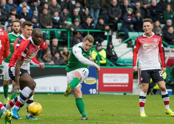 Kris Commons, centre, has started Hibs four previous games but his loan stint from Celtic expires after the trip to Dumbarton. Picture: Ian Georgeson