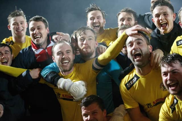 Bonnyrigg Rose celebrate their cup victory over Dumbarton which gave them the tie with Hibs. Picture: Robert Perry