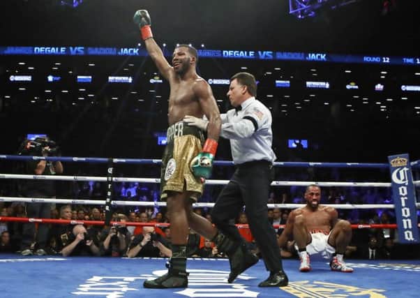 Badou Jack celebrates after knocking down James DeGale during the 12th round  in New York. Picture: AP.