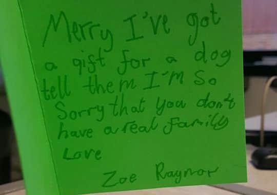 Letter written by Zoe Raynor. Picture: SSPCA