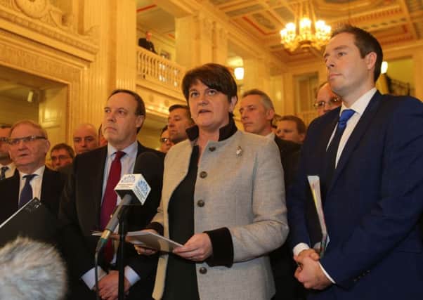Democratic Unionist Party leader Arlene Foster speaking at Stormont in Belfast. Picture: PA