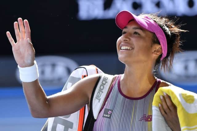 Britain's Heather Watson waves after defeating Australia's Samantha Stosur. Picture: Andy Brownbill/AP