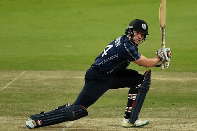 Scotland's Richie Berrington plays a shot during the Desert T20 Challenge match against Holland at Sheikh Zayed Cricket Stadium in Abu Dhabi. Picture: Tom Dulat/Getty Images