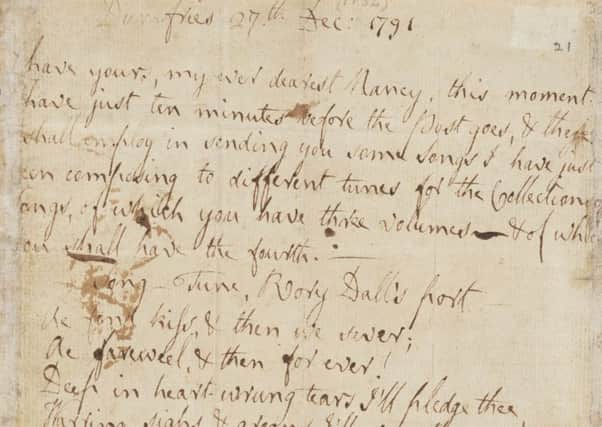 The first page of the letter Robert Burns wrote to Agnes McLehose containing the song Ae Fond Kiss. Picture: PA