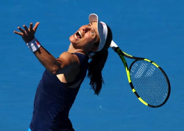 Johanna Konta serves during her win over Naomi Osaka of Japan at the Australian Open. Picture: Clive Brunskill/Getty Images
