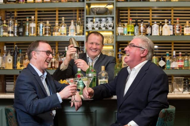 Left to right are Sandy Kennedy, chief executive of Entrepreneurial Scotland; Paul Reynolds, Saltire Fellow and creator of Cup Tea Rooms and Gin 71; and Mark Baird. Picture: Robert Perry