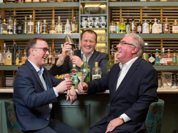 Left to right are Sandy Kennedy, chief executive of Entrepreneurial Scotland; Paul Reynolds, Saltire Fellow and creator of Cup Tea Rooms and Gin 71; and Mark Baird. Picture: Robert Perry