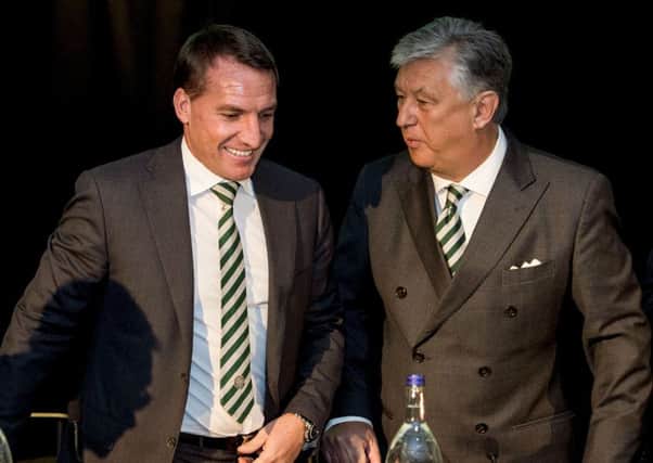Celtic manager Brendan Rodgers with the clubs chief executive Peter Lawwell, who Rodgers insists is a wonderful ambassador not just for Celtic but for Scottish football. Picture: SNS