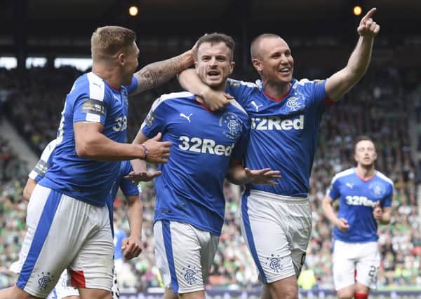Andy Halliday, centre, celebrates after putting Rangers 2-1 up in last Mays Scottish Cup final which they eventually lost as Hibs rallied with two late goals. Picture: SNS