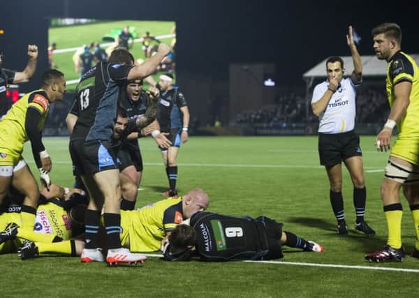 Henry Pyrgos touches down during Glasgow's 42-13 victory over Leicester  last October. Picture: SNS/SRU.