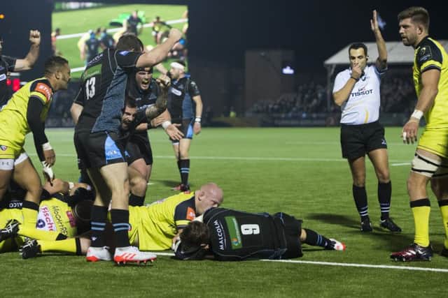 Henry Pyrgos touches down during Glasgow's 42-13 victory over Leicester last October. Picture: SNS/SRU.